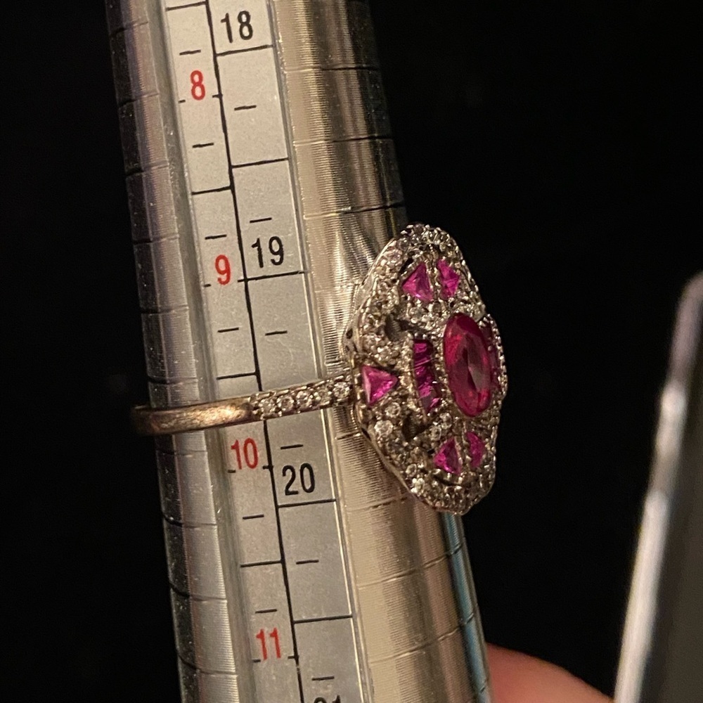 Vintage Art Deco Style Oval Ruby Lab Created Diamond Sterling Silver Ring 9.75 - Picture 8 of 12